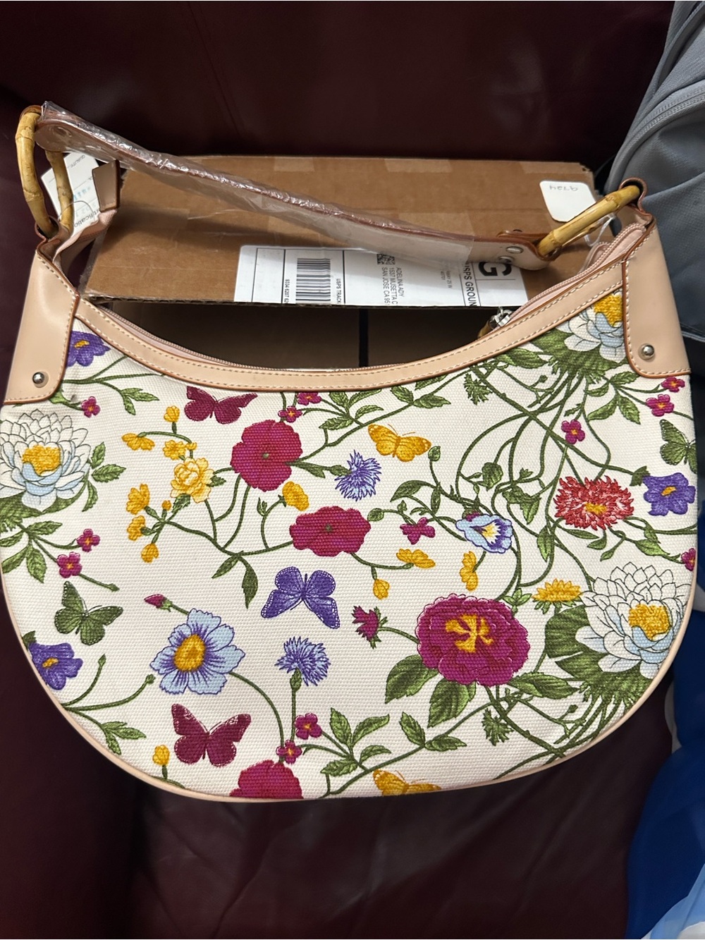 Floral Canvas Crescent Shoulder Bag in Cream with Multicolor Blooms